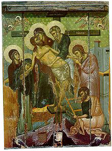 Descent from the Cross, icon from St. Marina's church, Kalopanagiotis, Cyprus (14th century).