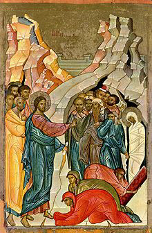 Icon of the Resurrection of Lazarus (15th cent., Novgorod school).