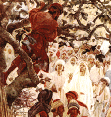 Zacchaeus being called down from the tree (1908, William Hole)